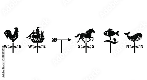 Foto Collection of black vector wind vanes with cardinal direction markings on white