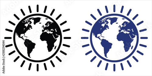 Stylized globe map icons with radiating sunburst rays globe icon world map sun icon planet earth travel icon geography graphic world wide flat design vector illustration mapping icon