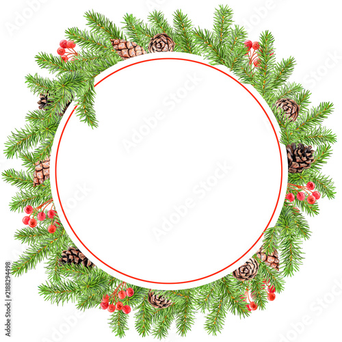 Hand drawn circle banner with Fir paws,  cones and red berries for Christmas design
