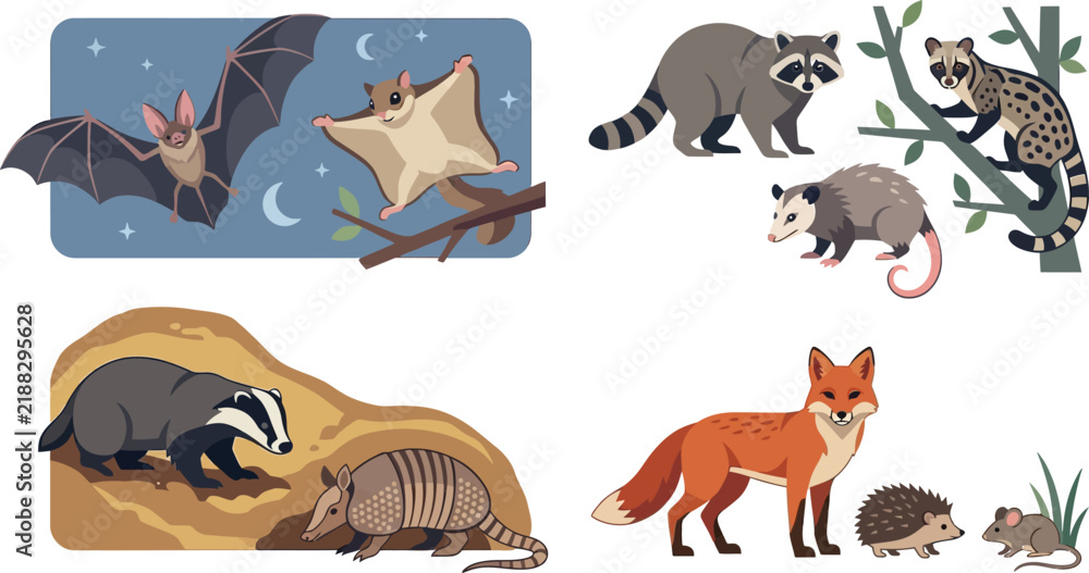 Obraz premium Woodland creatures in natural habitat during twilight and daytime vector illustration