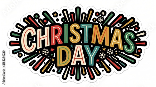 Colorful christmas day text label with decorative fireworks and snowflakes for festive holiday seasonal celebration design