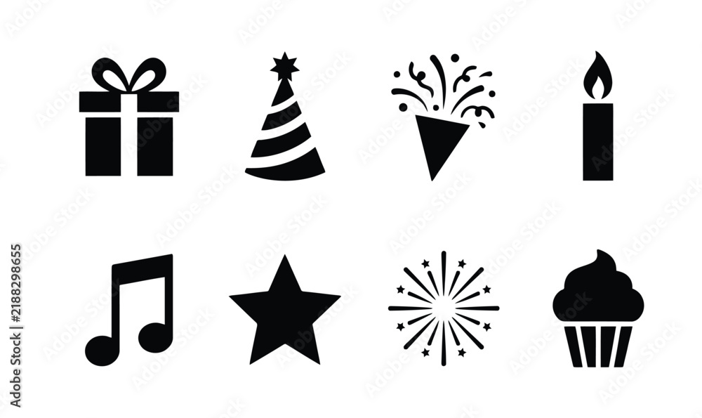 Naklejka premium Birthday Party Icon Vector Set Black Silhouette Gift Hat Confetti Cupcake Collection