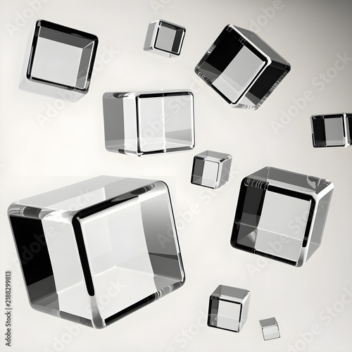 Floating transparent glass cubes in empty space