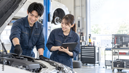 Plakat 自動車整備工場でエンジンを点検する男女の整備士