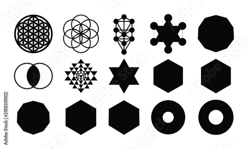 Sacred geometry icon set spiritual and mystical symbols outline, solid and color styles, white background
