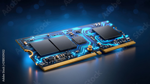 High tech close up of compact solid state module with glowing circuit traces and chips conveying speed and precision in cinematic macro style