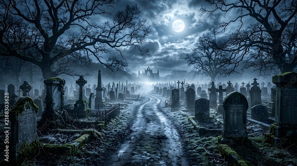 Obraz premium Mysterious moonlit cemetery with fog and ancient tombstones