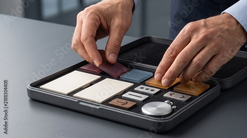 Close Up Of Business Man Organizing Material Samples In Case Box