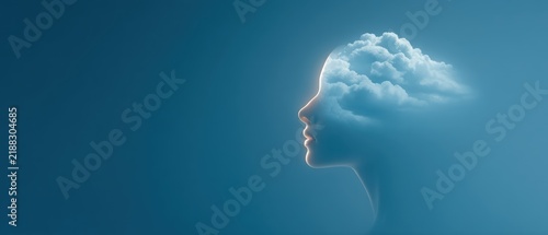 A whimsical representation of a human silhouette surrounded by clouds emerging from the head symbolizing imagination thoughts and creativity set against a tranquil blue backdrop