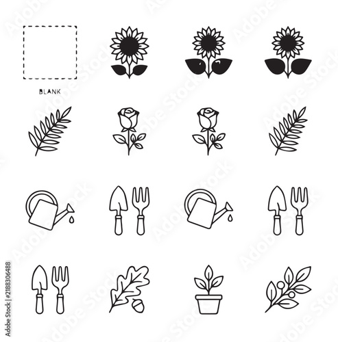Gardening icons collection with sunflowers roses watering can and plants in simple line art style for illustration