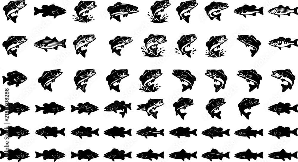 Fototapeta premium Largemouth bass fishing silhouette vector icon set featuring black solid stencils of freshwater gamefish leaping swimming splashing and trophy catches