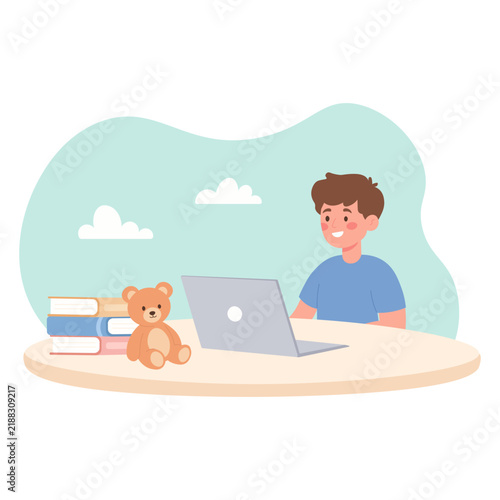 Happy Schoolboy Studying Online with Laptop at Desk Flat Vector Illustration
