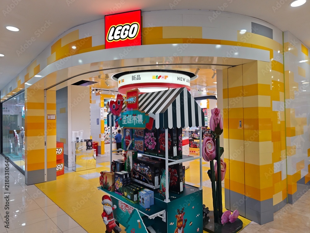 Fototapeta premium Shanghai,China-Dec.6th 2025: storefront facade and entry feature display of a LEGO store