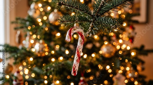 Red and white striped candy cane hanging on a pine christmas tree with ornament