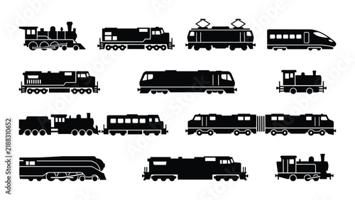12 Train Silhouettes, Collection of Transportation Icons, for Railway and Travel Concepts