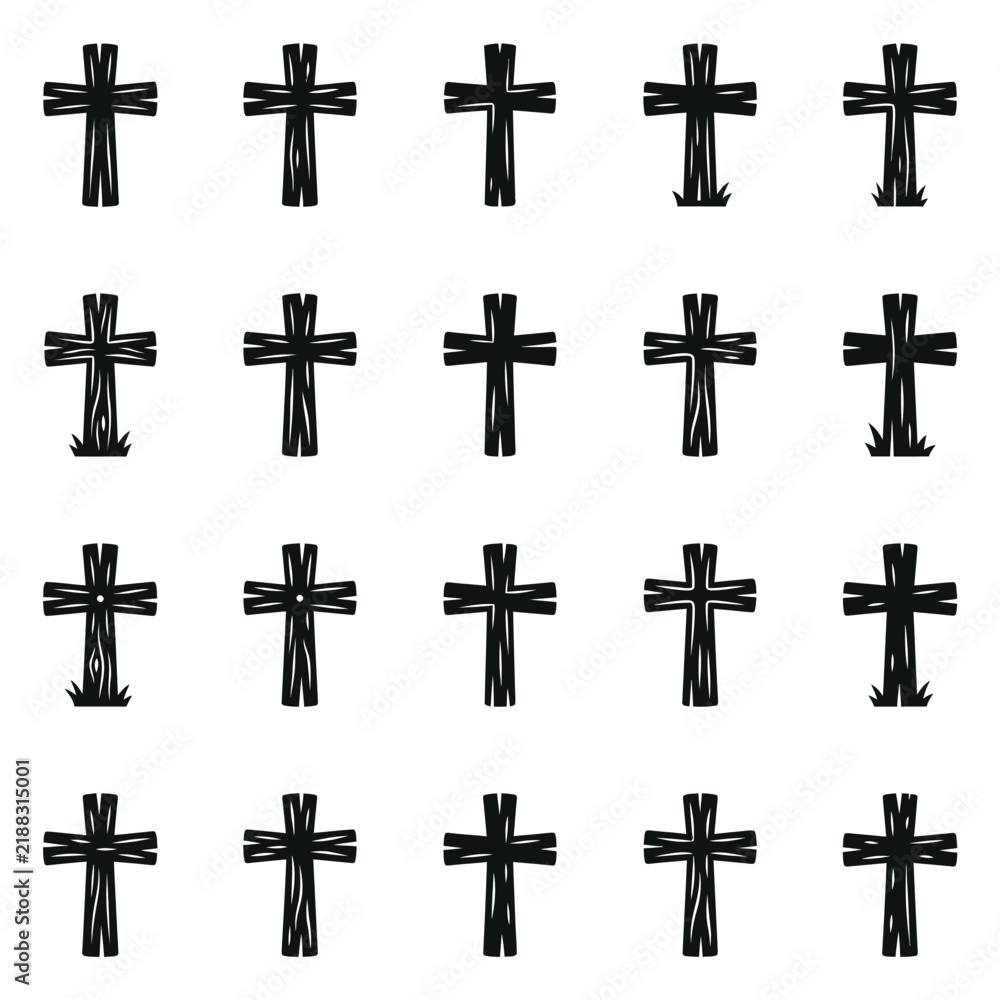 Fototapeta premium Pattern of Hand Drawn Black Christian Cross Symbols on White Background.
