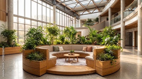 Atrium Garden Lounge in Modern Office with Circular Wooden Seating Booths