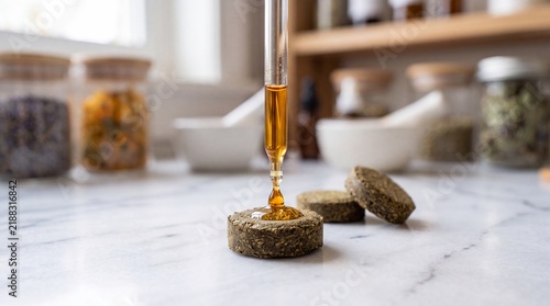 Herbal Essential Oil Dropping from Pipette onto Natural Organic Leaves