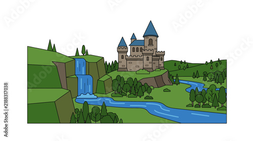 Cartoon Castle on Hill with Waterfall and River