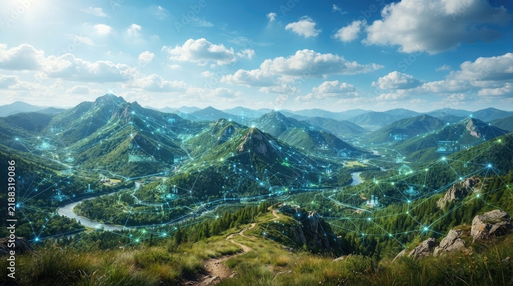 Fototapeta premium Digital network connection over a lush mountain landscape with a winding river, representing smart technology integration, environmental monitoring, and connectivity world science day