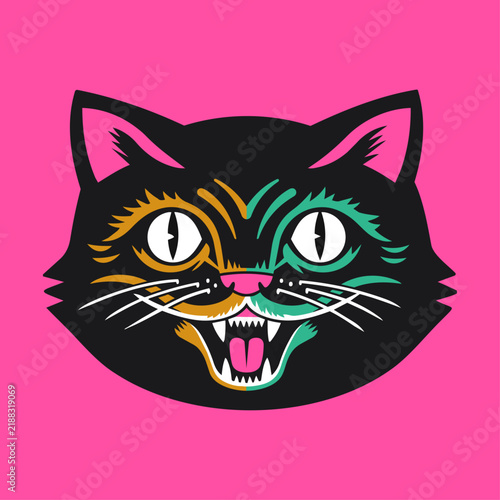 Cat tattoo style illustration, pop art, happy smiling animal