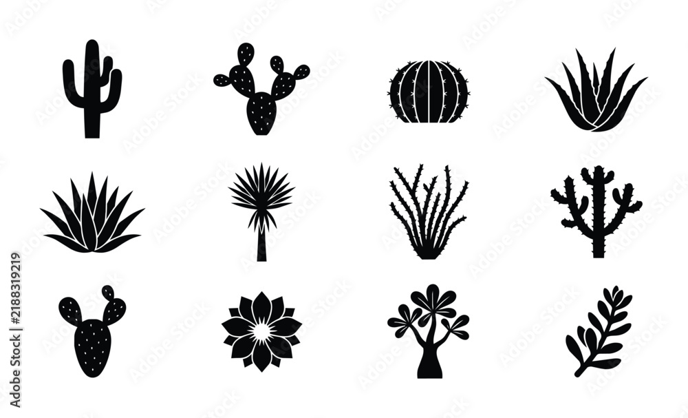 Obraz premium Desert plants icon set cactus, aloe, succulent outline, solid and color styles