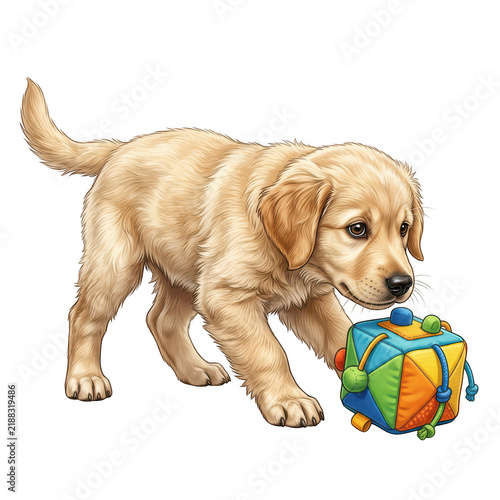 Cute golden retriever puppy playing with a colorful sensory toy isolated on transparent background