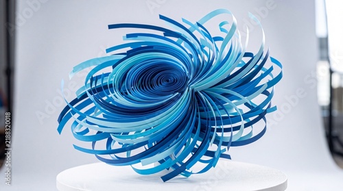 Swirling Blue Sculptural Ribbon Filament Sculpture on Studio White Backdrop