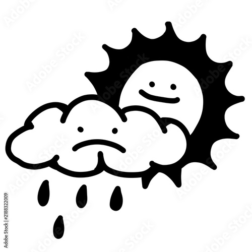 Obraz na płótnie Cheerful sun peeks behind sad rainy cloud — contrasting weather friends, cute mi