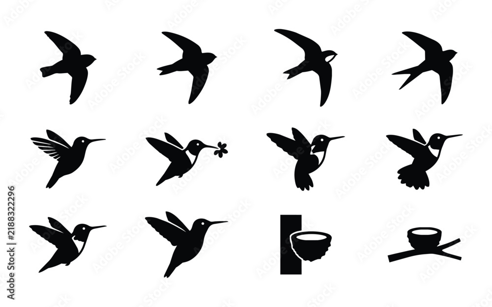 Fototapeta premium 12 Bird Silhouettes in Flight and Nesting, Silhouette, for Nature and Wildlife Themes