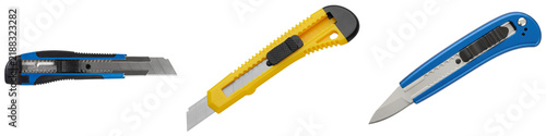 Foto Three utility knives with retractable blades, isolated on transparent background