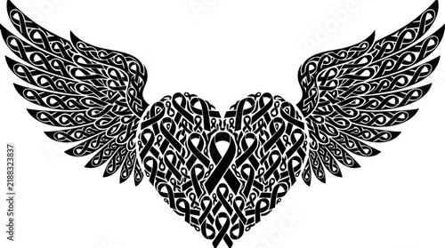 Intricate awareness ribbon heart with angel wings, black and white filigree cancer support vector, symbolic memorial graphic