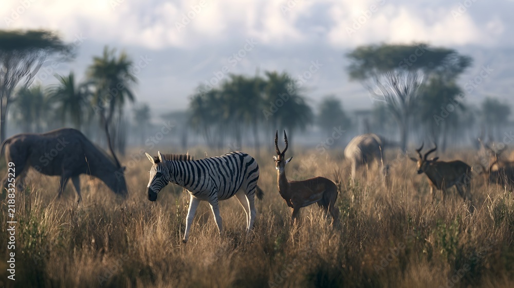 Obraz premium A zebra and antelope stand alert in tall grass with other grazing animals under a cloudy sky