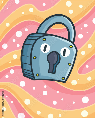 Funny grey padlock cartoon character with pink and orange background 