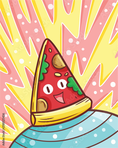 Funny red slice pizza cartoon character with pink and yellow background 
