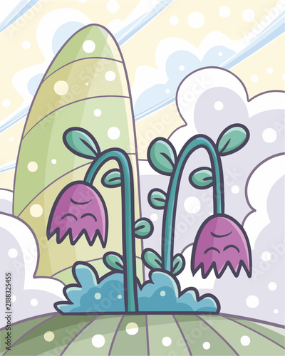 Funny two purple flowers withered with sad expression cartoon illustration
