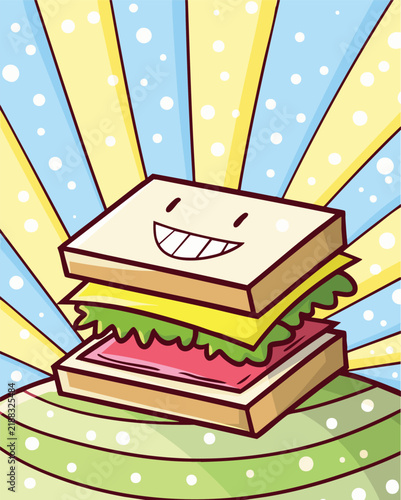 Funny and cute sandwich cartoon character with blue yellow stripes background