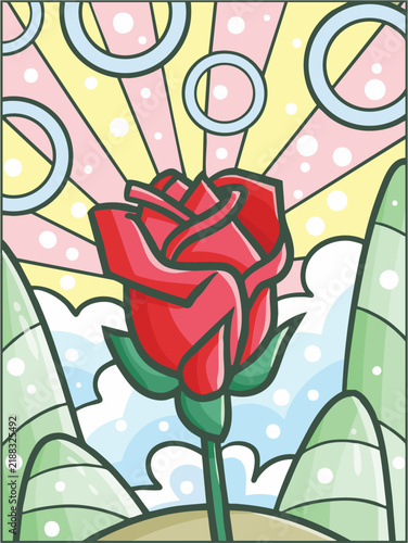 Funny red rose cartoon illustration with mountains and cloud background 