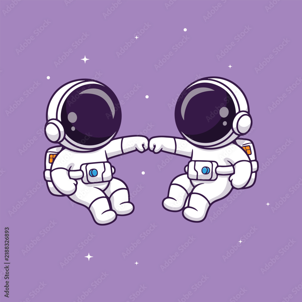 Fototapeta premium Cute Cartoon Astronauts Fist Bumping in Space — Friendship Teamwork Illustration on Purple Background