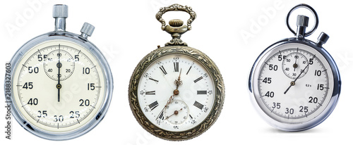 Fotografía Three stopwatches and a pocket watch isolated on a white background