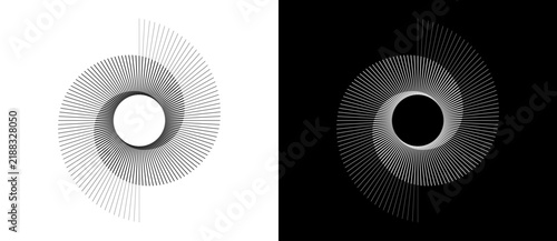 Spiral with lines as dynamic abstract vector background or logo or icon. Yin and Yang symbol. Black spiral on white background and white spiral on black background.