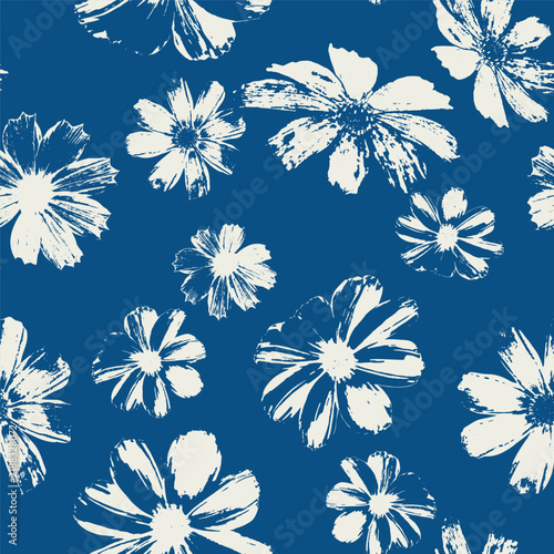 Seamless pattern with blue cyanotype flower stamps. Monochrome grunge autumn nature background. Inky floral vector illustration