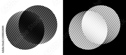 Two overlapping circles with diagonal lines creating an illusion of overlap through denser line spacing, black on white and white on black background.