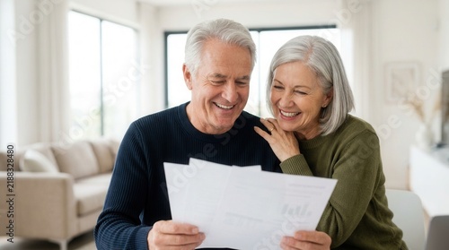 Happy retired family managing personal finance and reviewing mortgage agreement or tax documents in a bright cozy living room.
