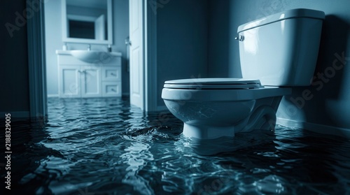 Severe water damage and plumbing failure in a flooded bathroom with toilet and sink