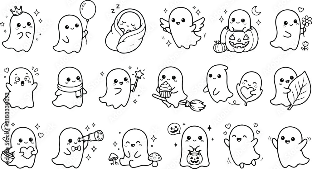 Fototapeta premium Kawaii ghost coloring page set, 18 cute spooky character icons, hand drawn halloween doodle vectors for kids activities