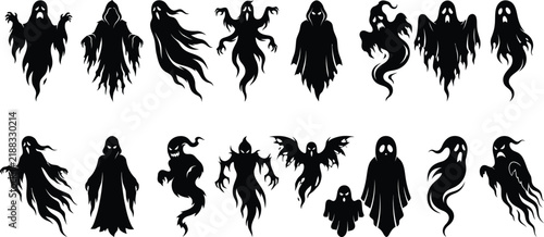 Halloween scary ghost silhouettes collection, spooky phantom icons, creepy spirit vectors set isolated on white background.

Spooky ghost silhouette vector set, dark halloween phantoms, creepy ghouls,