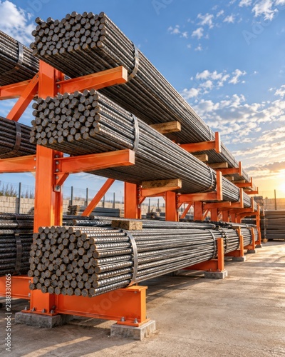 Steel reinforcement bars neatly stored on heavy-duty orange cantilever racks at a construction materials yard under a blue sky, representing industrial logistics, infrastructure, and building supply.