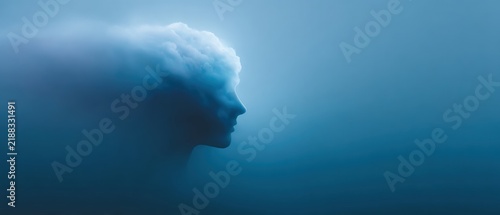 A dreamlike depiction of a human figure blending with clouds representing thoughts and aspirations in a serene blue setting that inspires tranquility and deep reflection