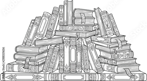 Vintage book stack illustration, antique library collection vector, hand drawn literary sketch, old hardcover books pile